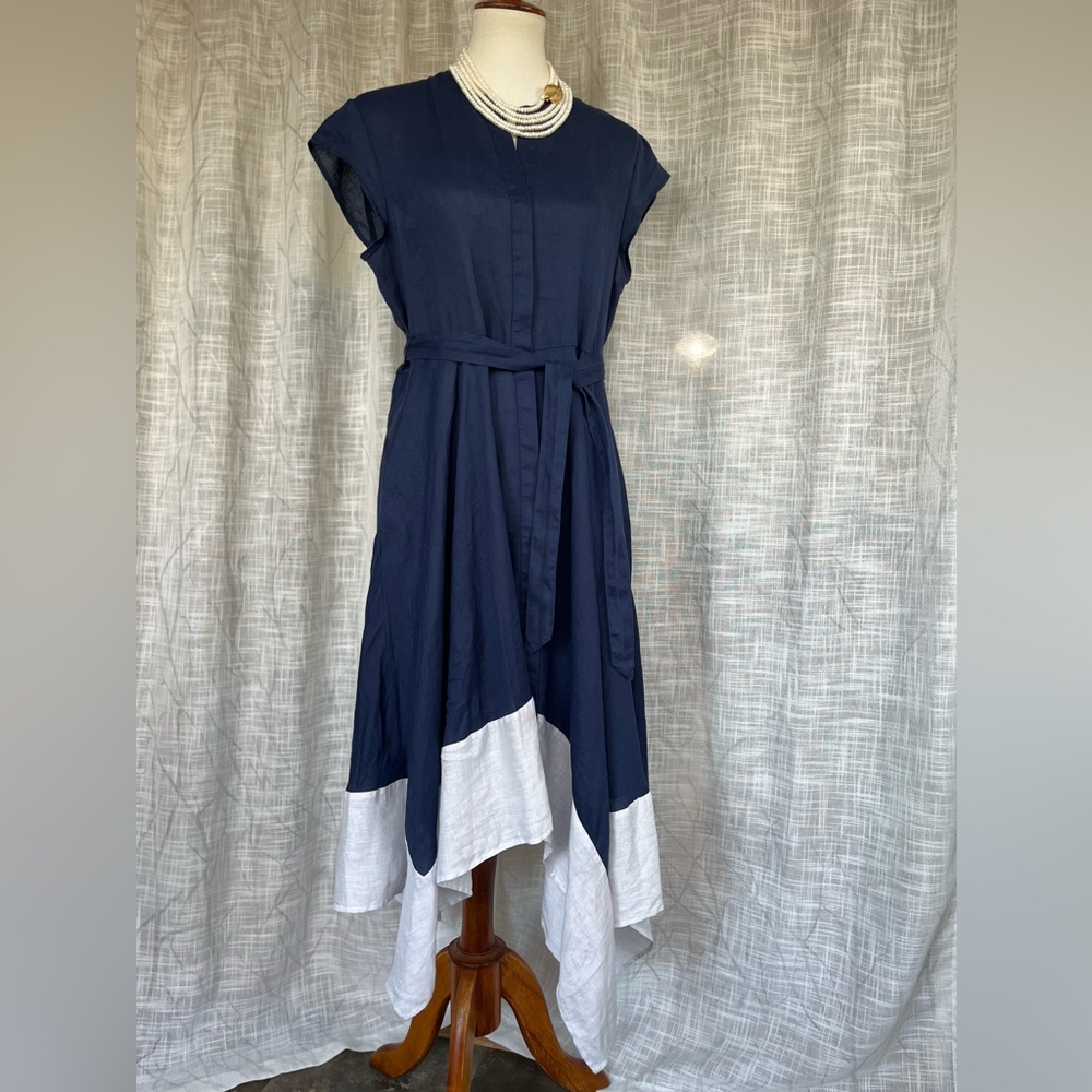 DKNY pure Asymmetrical Navy and White Linen Dress - Picture 2 of 14